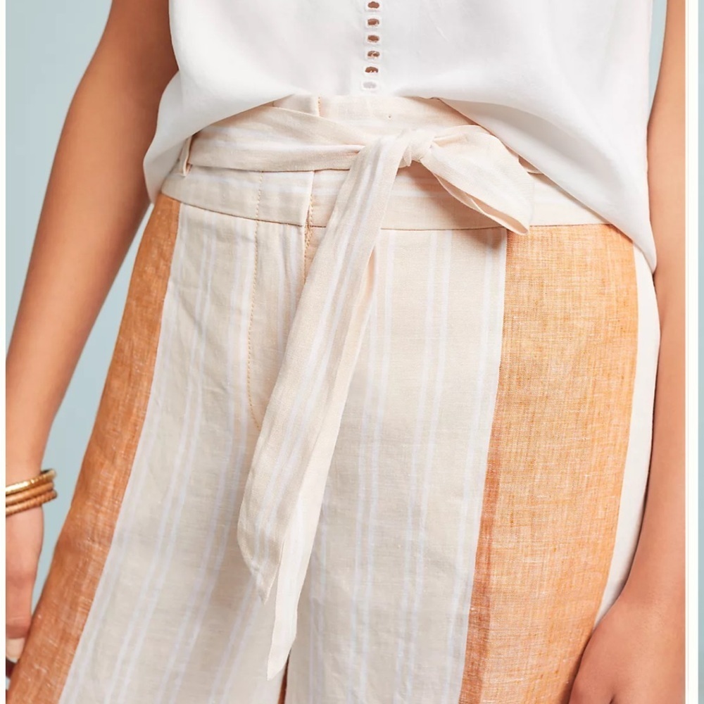 Ett:twa by Anthropologie orange stripe tie waist zip close 100% linen pants - Picture 3 of 16